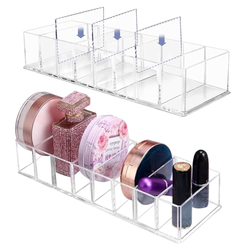 KNGNGK 2PCS Organizadores de Maquillaje Transparentes, 21.8*9*4.4cm Organizador Maquillaje Cajones con 8 Compartimentos de Acrílico, Organizadores de Maquillaje Desmontables Rubor Contorno Sombra Ojos