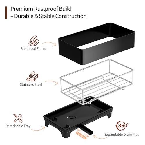 MOUKABAL Sponge Holder for Kitchen Sink – Rustproof Stainless Steel, 360° Rotating Drain Pipe, Large Counter Organizer with Drip Tray for Sponges, Brushes & Dish Cloths Black - Thumbnail 3