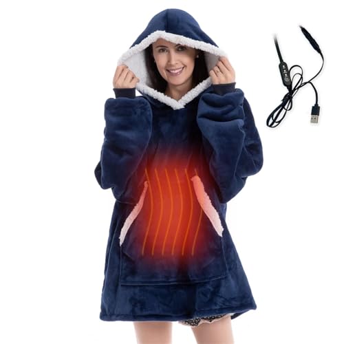 CAIYZH USB Heated Wearable Blanket Electric Hooded Blanket With 3 Heating Levels Fleece Wearable Fluffy Hooded Blanket Warm Throw Blanket Sweatshirt Robe For Adults(Navy Blue Controller with Cable)