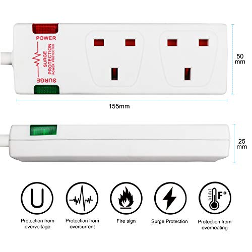 ExtraStar-2-Way-Double-Socket-Power-Mains-Extension-Lead-1M-Metre-Cable-Surge-Protected-British-Approved-13A-White