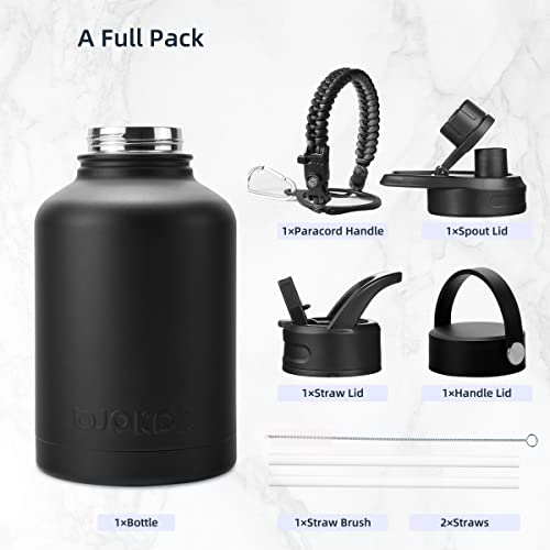 Bjpkpk Insulated Water Bottles With Straw Lid,50Oz Large Water Bottle,Stainless Steel Vacuum Water Bottle,Hot & Cold Insulated Water Bottles With 3 Lids And Paracord Handle, Black #TOP3
