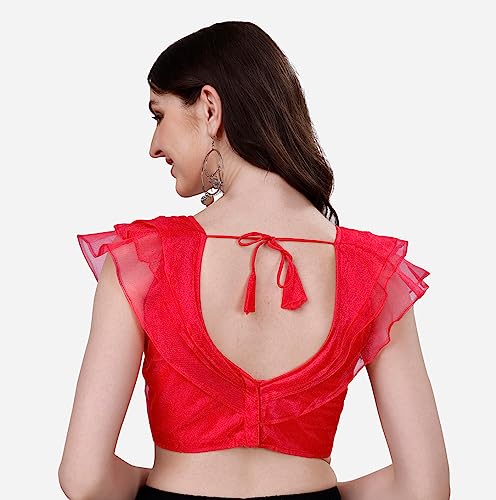 Image of Pujia Mills Women's V Neck Orgenza Three Layer Ruffle Sleeve Frill Readymade Saree Blouse