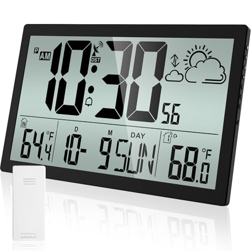 Weather Clock with Atomic Clock Indoor Outdoor Thermometer, 14.6 Large Atomic Wall Clock Battery Operated, Never Needs Setting! Wireless Outdoor Sensor, Auto DST, Wall Clock for Office/Home/School