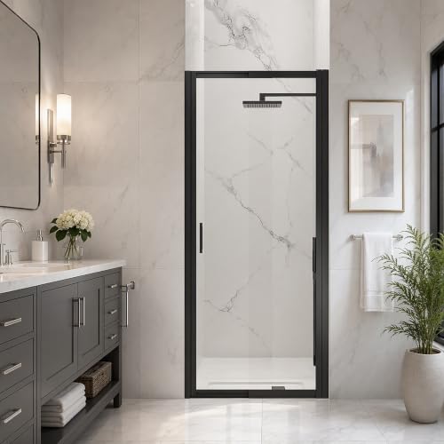 Image of 26-30 inch W x 72 inch H Pivot Shower Door, 3 /16 inch(5mm) Glass, Matte Black