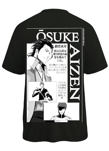 Image of Yume Men's Oversized Aizen Sosuke Anime Printed T-Shirt | 240 GSM Cotton Crew Neck Tee | Lavender & Black Beige Dual-Tone | Bleach Villain Merch | Long Length Drop Shoulder Streetwear (Black)