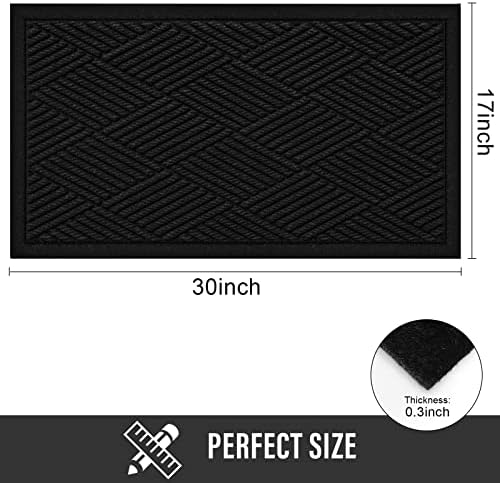Durable Front Door Mat, Absorbent Muddy Dirt Resist Welcome Door Mats Outdoor Indoor, Stain and Fade Resistant, Non-Slip Rubber Backing Low Profile Doormat for Entryway, 30×17, Black