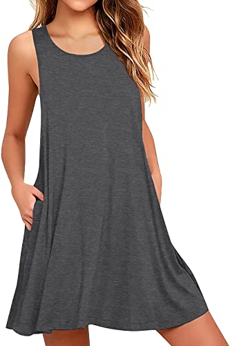 PrinStory Women Summer Casual Dresses Beach Cover Up Loose Tank Dress with Pockets Dark Gray US Medium