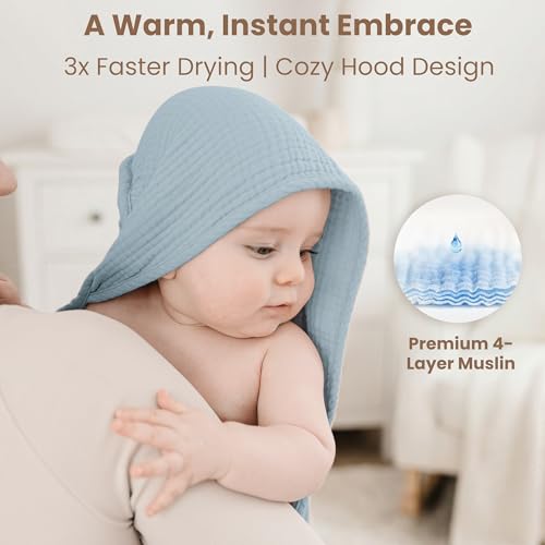 Image of Konssy 2-Pack Muslin Hooded Baby Towels, 100% Cotton, Ultra-Soft & Absorbent Baby Bath Towels with Hood for Newborn & Infant (Blue, Blue Whale, 32 inch x 32 inch)