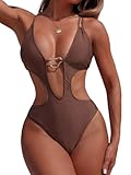 Sexy Women Cut Out Swimsuit - One Piece Cheeky High Leg Bathing Suit, Backless Plunge Monokini, Rave Beach Pool Party Vacation Swimwear, Medium Brown