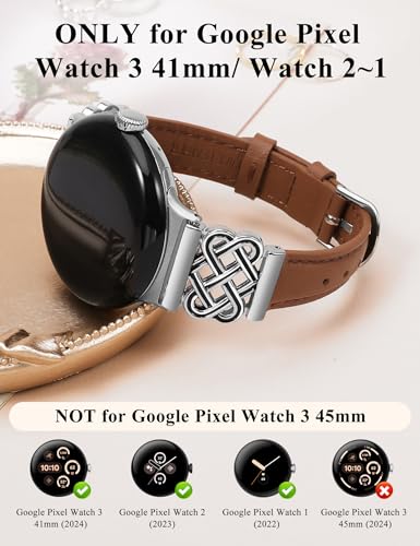 Image of TOYOUTHS Slim Leather Band Compatible with Google Pixel Watch 4 3 41mm /Pixel Watch 2 1 Band Women, Celtic Metal Dressy Thin Fashion Designer Premium Leather Strap for Google 4 3 2 1 Smartwatch