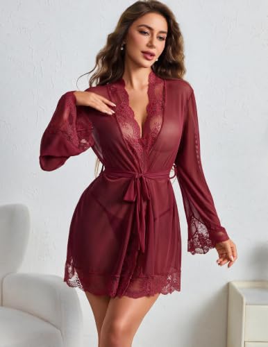 Image of Avidlove Women Lace Kimono Robe Sexy Lingerie Mesh Chemise Cover Up Sets