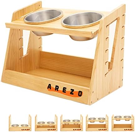 AREZO Elevated Dog Bowls - Solid Pine Wood Adjustable Raised Dog Bowls for Medium and Large Dogs, 5 Heights Tilted Raised Dog Bowl Stand with 2 Stainless Steel Bowls,from 3.35in to 12.8in
