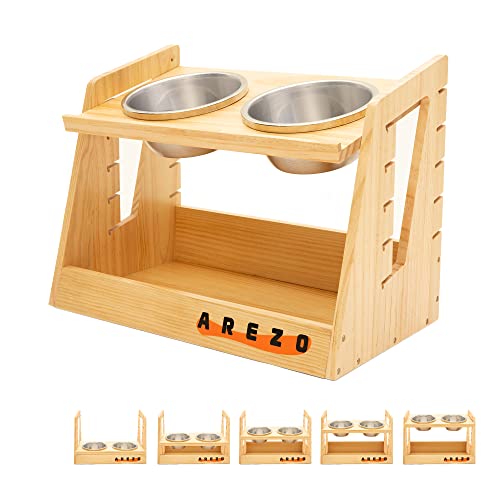 Arezo Elevated Dog Bowls - Solid Pine Wood Adjustable Raised Dog Bowls For Medium And Large Dogs, 5 Heights Tilted Raised Dog Bowl Stand With 2 Stainless Steel Bowls,From 3.35In To 12.8In #TOP2
