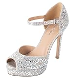 Yumlon Women's Peep Toe Platform Stiletto High Heels Sparkly Rhinestones Sandals Wedding Shoes for Bride Party Evening Dress Pumps Sliver