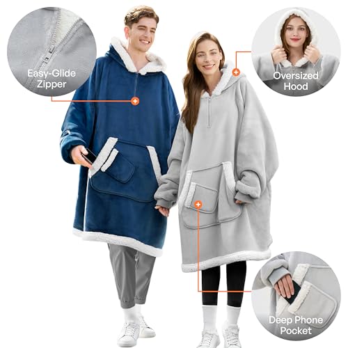 Giggling Getup Wearable Blanket Hoodie for Women Men Gifts for Women Mom Wife Sherpa Fleece Hooded Blanket Sweatshirt Warm Cozy Sherpa Wearable Throw with Pocket & Sleeves for Adult Oversize Navy