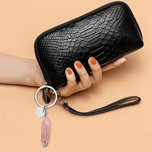 Tree of Life Keyring, Rose Quartz Healing Crystal Keychain Hexagonal Crystal Point Pendant Car Keyring for Women Men Girls