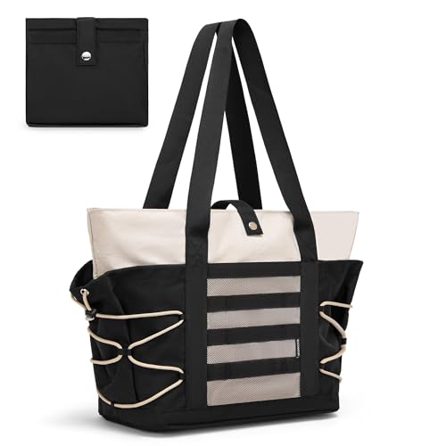 BOSTANTEN Sacolas femininas de viagem, dobrável, impermeável, com zíper, academia, esportes, compras, bolsa de compras, A - preto com off-white, Large, Praia, moda de viagem, academia, uso diário