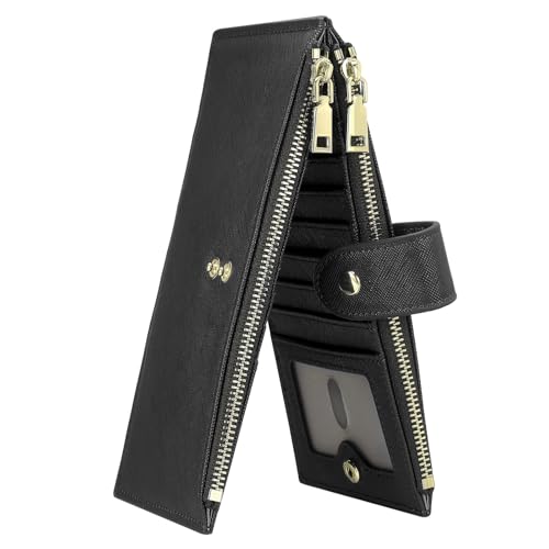 Credit Card Slim Wallet for Women and Men, PU Leather Minimalist Card Holder - 16 Slots & 2 ID Window & 2 Zipper Pocket, Black