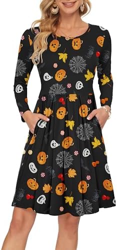 AUSELILY Long Sleeve Loose Pleated Long Sleeve Casual Pocket Dres...