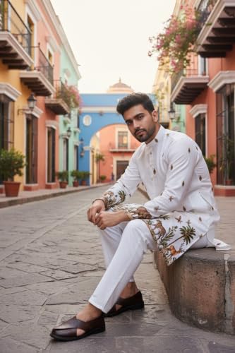 Image of Trustous Men's White Printed Kurta | Stylish Ethnic Wear Kurta for Men | Regular Fit Traditional Kurta | Festive, Wedding, Party & Casual Wear