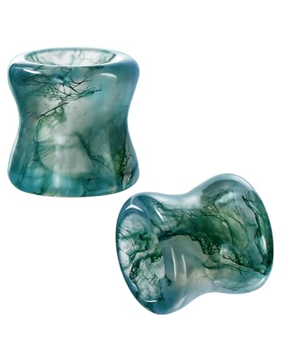 Jewseen 2g-5/8 Moss Agate Ear Gauges Plugs Real Natural Stone Double Flared Ear Tunnels Stretchers Gauges for Women Men Plugs Piercing Jewelry 2g