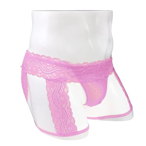 Men's Lingerie Lace Panties Sexy Floral G String Briefs Bikini Thong Underwear With Garter (One Size, Pink) #TOP2