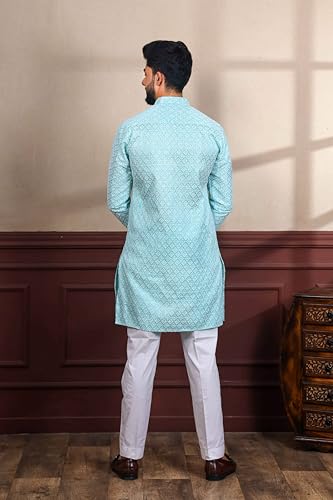 Image of ALMORA Men's Embroidered with Thread Work and Cotton Blend Only Slim Fit Kurta for Men