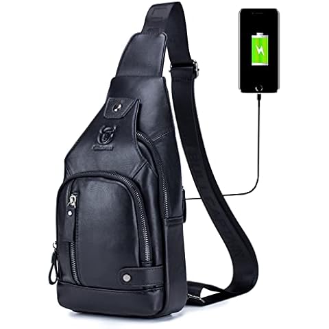 BULLCAPTAIN Genuine Leather Sling Backpack with USB Charging Port Multi-pocket Chest Bag Hiking Travel Daypack XB-129 (Black) Cover
