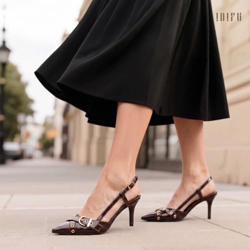 Image of IDIFU IN3 Slingback Kitten Heels for Women Stiletto Heel Closed Pointed Toe Pumps Buckle Straps Dress Shoes Sexy Prom Party Work Trendy Fashion Comfortable Pumps Dressy Shoes
