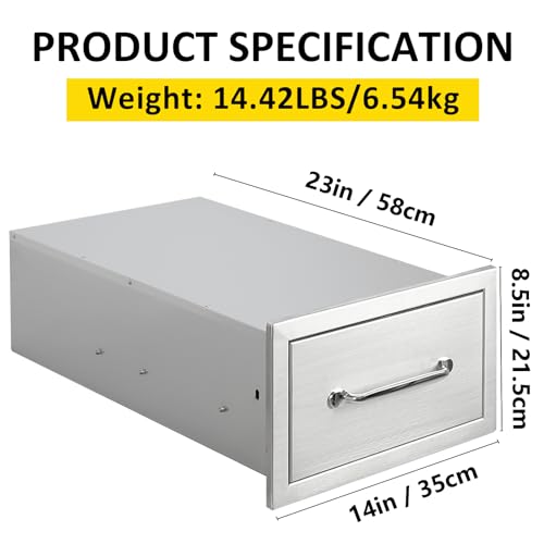 Image of Outdoor Kitchen Drawers 14 inch W x 8.5 inch H x 23 inch D Flush Mount Single BBQ Drawers with Chrome Handle Built-in Stainless Steel Drawer for Outdoor Kitchen Island, Patio Grill Station