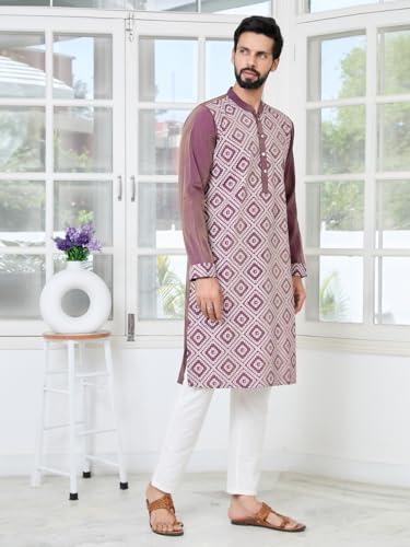 Image of See Designs Men's Full Sleeve Mandarin Collar Floral Embroidered Mandarin Collar Thread Work Straight Long Kurta with Pyjama - Festive Collection