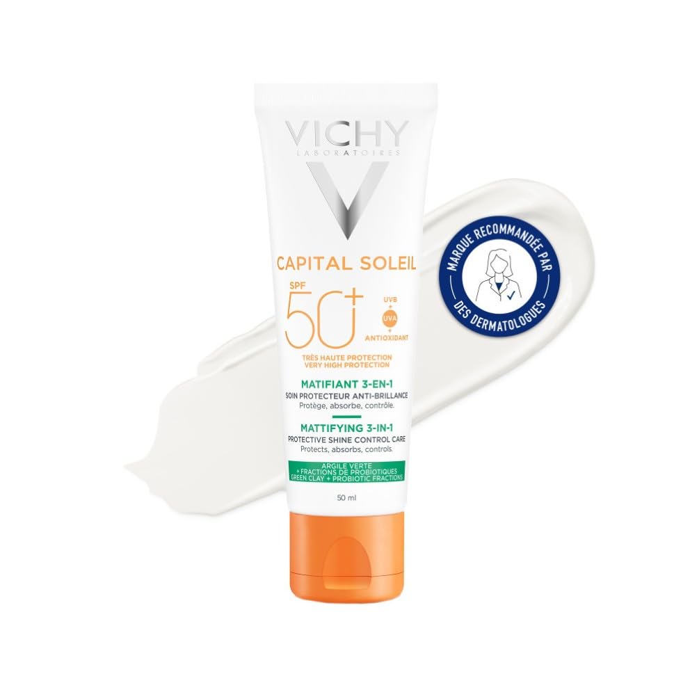Vichy, Capital Soleil, Mattifying Sunscreen SPF50+ 3 in 1, Very Wide Spectrum UVA and UVB Protection, Combination to Oily Skin, Regulates Sebum, Non-Greasy Formula, 50 ml