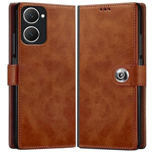 Image of KashiVerse Genuine Leather Inside Back TPU Wallet Button | Magnetic Stand Dual Layer Flip Cover Compatible for Vivo V2407 /Y28s /Y18 /iQOO Z9 Lite / Y18i - Brown