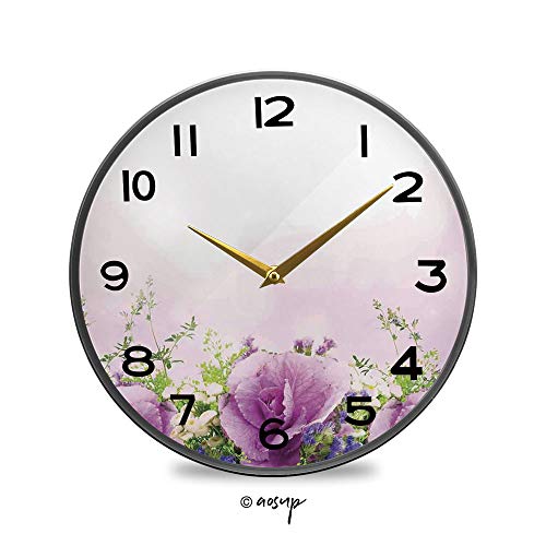 YOLIYANA Non-Ticking Acrylic Decorative Round Wall Clock Spring Cabbage Flowers in Fragrant Bouquet with Partially Shaded Color Vintage Rustic Country Tuscan Style Home Decor Round Wall Clock 9.5"