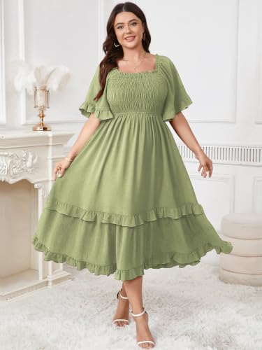 Image of SCOMCHIC Women's Plus Size Maxi Summer Wedding Guest Cocktail Boho Dresses | Short Sleeve, Square Neck Smocked, A line, Fall, Elegant Flowy Long Dress