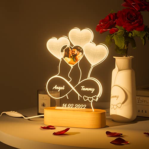 Photo Personnalisé Lampe Coeur LED Cadre Personnalisé avec Nom Date Veilleuse Illusion 3D de Ballons de Cœur de Verre Acrylique Cadeaux Noël Saint Valentin Anniversaire Fête Des Mères Deco Chambre