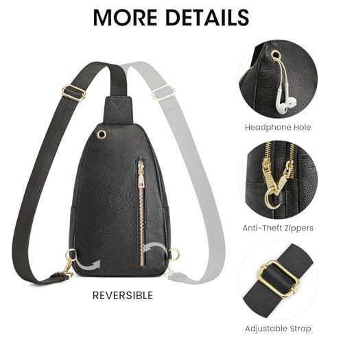 Image of Kattee Sling Bag for Women, Leather Crossbody Bag for Travel, Black | Top Grain Pebbled Leather. RFID back pocket, small chest bag fit 6.9-inch phone, fanny pack with adjustable strap.