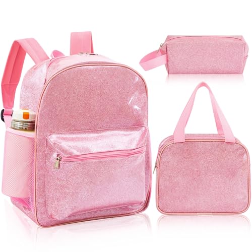 Bulyoou 3 Pcs Pink Glitter Backpack with Lunch Bag Pencil Case Durable & Water-resistant Bookbag for Girls Elementary School Stadium Concert College