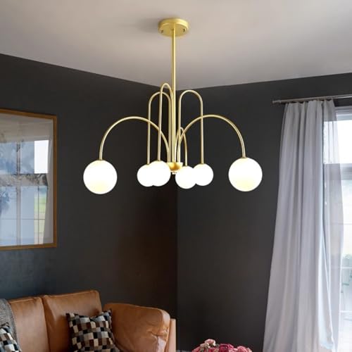 QZGTDMYG Lustre dourado moderno com globo de vidro fosco branco, lâmpadas G9 incluídas, 6 lâmpadas S