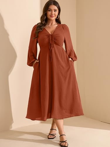 RWJ Fall Wedding Guest Dresses for Women Plus Size V Neck Long Sleeve Tie Front Cocktail Maxi Dress with Pockets3