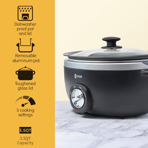 Image of ICOOK USC-35-OP001BK 3.5 Quart Slow Cooker,Aluminium Sear /Saute Stew Pot Stovetop safe,Dishwasher Safe,Glass Lid,Adjustable Temp,Food Warmer,Black
