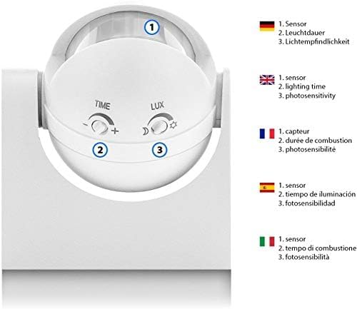 Close-up of the Velamp MS002 motion detector showing the 'TIME' and 'LUX' adjustment dials with various settings.