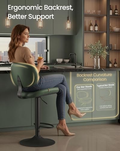 Image of VASAGLE Bar Stools Set of 2, Height Adjustable Kitchen Barstools, Swivel Bar Chairs with Back and Footrest, Quilt PU Leather Surface, Dining Room, Counter, Steel, Forest Green ULJB150C101S