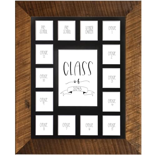 Image of Rustic Red Door Co. School Years Reclaimed Wood Picture Frame with Mat - 11x14 Wooden Framed 15 Photo Collage Mat Pre-School & Kindergarten to 12th Grade High School Graduation (Class of 2043, Black)