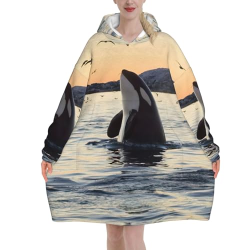 Couverture à capuche épi épaulard en flanelle épaisse avec manches et poche