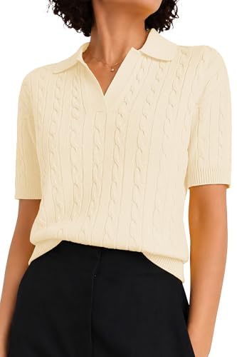 Image of QUALFORT Cable Knit Women's Short Sleeve Sweater Soft V Neck Polo Tops