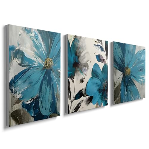 prinfantasy 3PCS Canvas Wall Art Framed - Blue Flowers Wall Art for Living Room Pictures for Bedroom Bathroom Decor Kitchen Pictures Walls Decor 12x16in YH1303