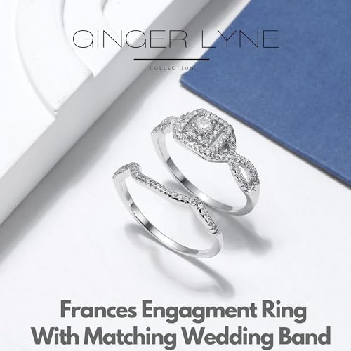Frances Square Halo Wedding Ring Set for Women by Ginger Lyne CZ Engagement Rings for Women Plated 14 kt Gold Wedding Rings for Her| Cubic Zirconia Bridal Sets | Half Eternity Band3