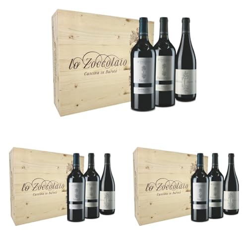 Lo Zoccolaio Barbera D'Alba+Langhe Rosso+Barolo Vino Tinto Italiano en Estuche de Madera - 3 Botellas X 750ml (Paquete de 3)