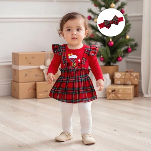 My 1st Christmas Baby Girl Outfits Letter Santa Hat Embroidery Romper Plaid Suspender Skirts Headband Set4